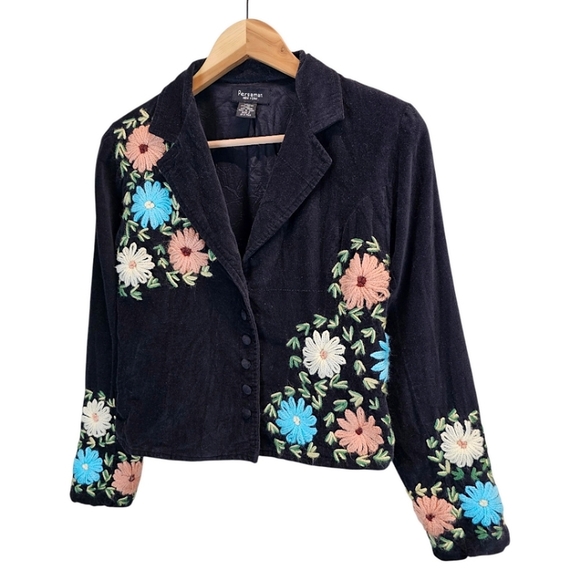 Vtg Persaman Micro Corduroy Floral Blazer 2 Black 90s Boho Chic Hippie Jacket - Picture 3 of 13
